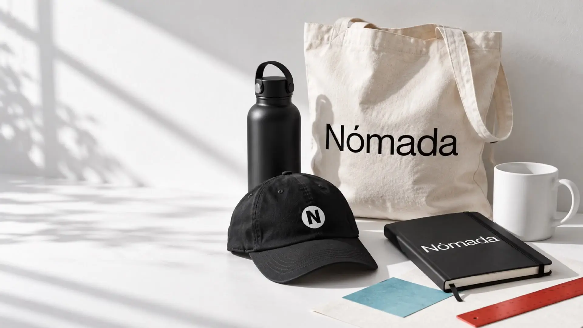 Gorra, taza, botella, libreta y bolsa con un logo de ejemplo sobre una mesa de madera